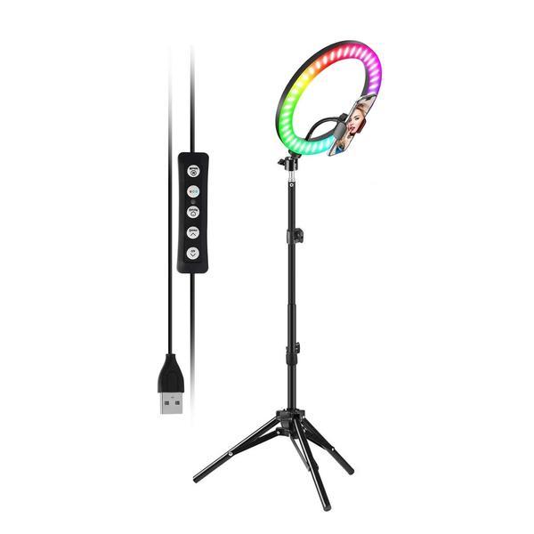 RGB Selfie Ring multicolor 26cm, cu tripod 2.1m, cu suport de telefon, 15 nuante de culoare, cu luminozitate ajustabila, ajustare pozitie 360 de grade, alimentare USB RGB Selfie Ring multicolor 26cm, cu tripod 2.1m, cu suport de telefon, 15 nuante de culoare, cu luminozitate ajustabila, ajustare pozitie 360 de grade, alimentare USB