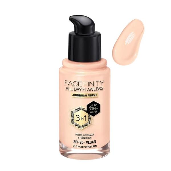 Fond de Ten 3 in 1 - Max Factor Facefinity All Day Flawless Airbrush Finish 3 in1 SPF 20 Vegan, nuanta C10 Fair Porcelain, 30 ml Fond de Ten 3 in 1 - Max Factor Facefinity All Day Flawless Airbrush Finish 3 in1 SPF 20 Vegan, nuanta C10 Fair Porcelain, 30 ml
