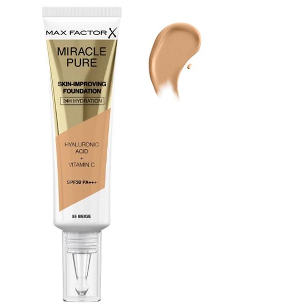 Fond de Ten - Max Factor Miracle Pure Skin-Improving Foundation SPF 30 PA+++, nuanta 55 Beige, 30 ml Fond de Ten - Max Factor Miracle Pure Skin-Improving Foundation SPF 30 PA+++, nuanta 55 Beige, 30 ml