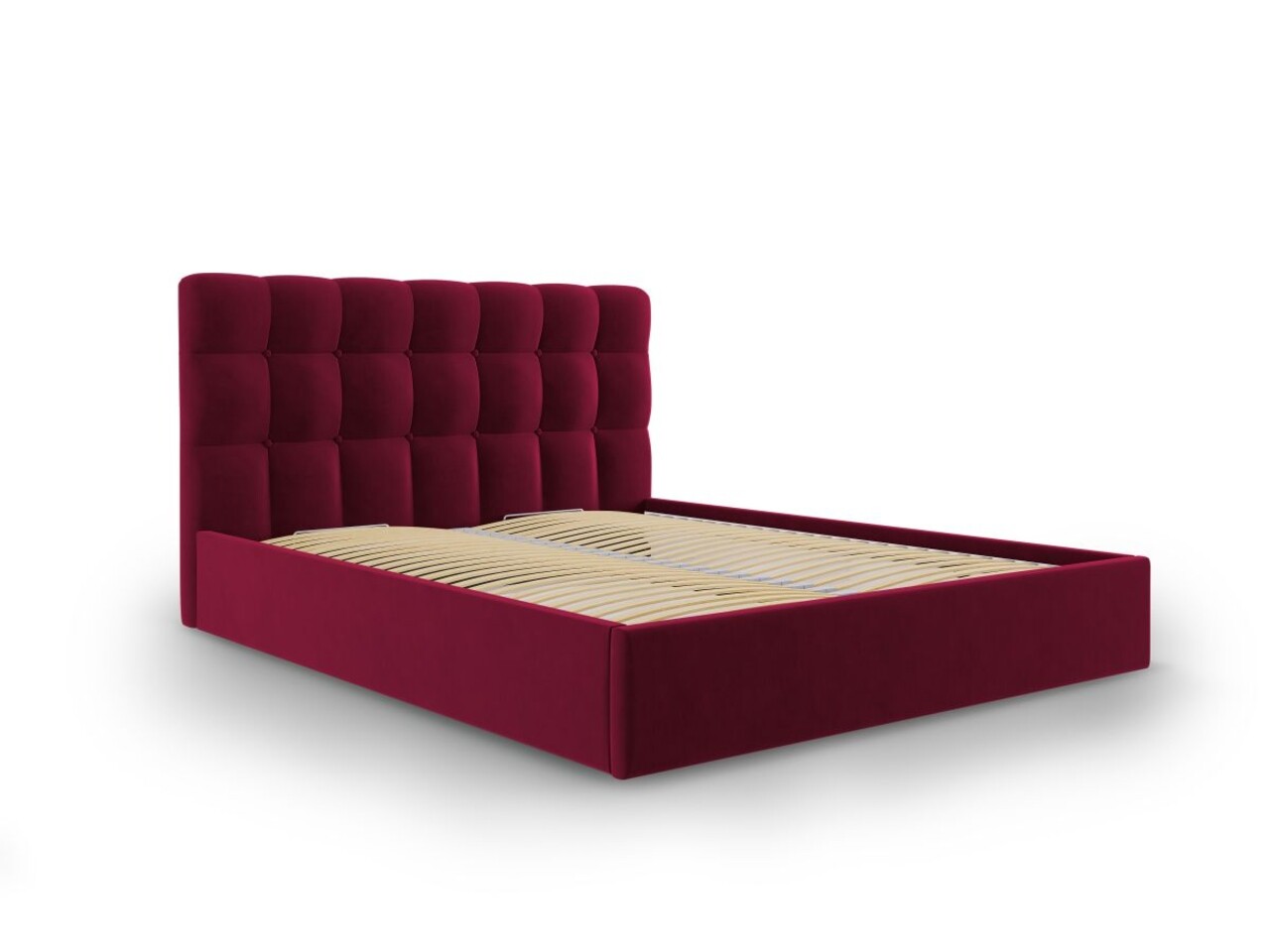 Pat tapitat cu somiera rabatabila si lada depozitare, Nerin Burgundy, Mazzini Sofas, 160x200 cm, catifea, bordo Pat tapitat cu somiera rabatabila si lada depozitare, Nerin Burgundy, Mazzini Sofas, 160x200 cm, catifea, bordo