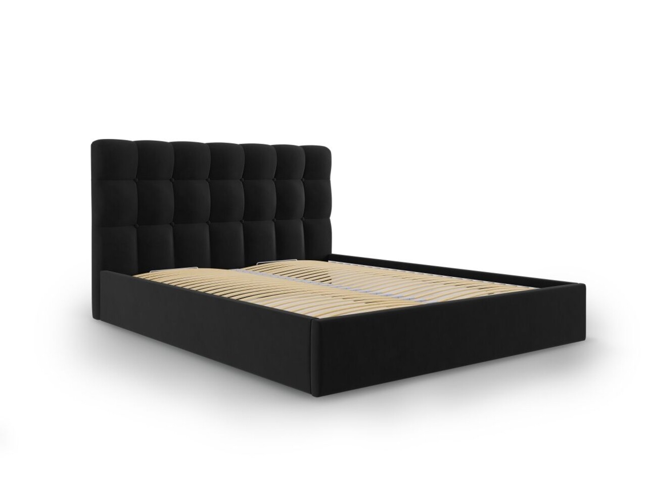 Pat tapitat cu somiera rabatabila si lada depozitare, Nerin Noir, Mazzini Sofas, 140x200 cm, catifea, negru Pat tapitat cu somiera rabatabila si lada depozitare, Nerin Noir, Mazzini Sofas, 140x200 cm, catifea, negru