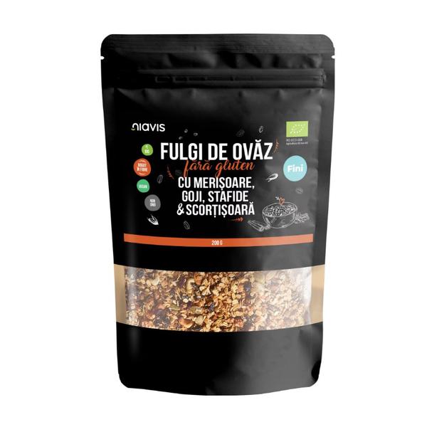 Fulgi de Ovaz Fini Fara Gluten cu Merisoare, Goji, Stafide si Scortisoara Ecologici - Niavis, 200 g Fulgi de Ovaz Fini Fara Gluten cu Merisoare, Goji, Stafide si Scortisoara Ecologici - Niavis, 200 g