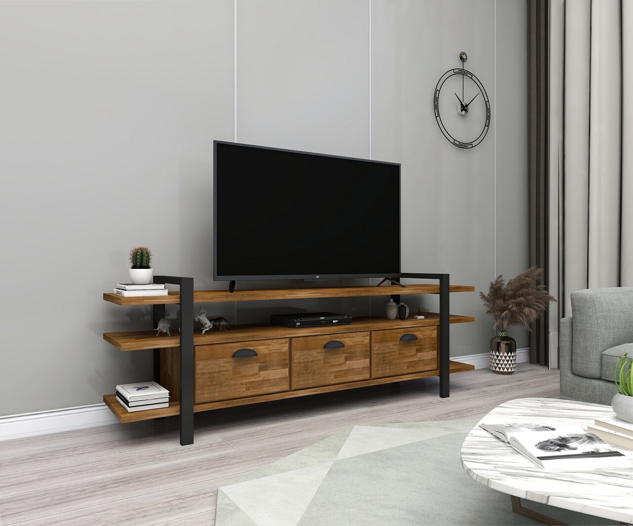 Comoda TV, Woodface, Lucca, 148 x 47 x 29.5 cm, lemn solid de pin, maro