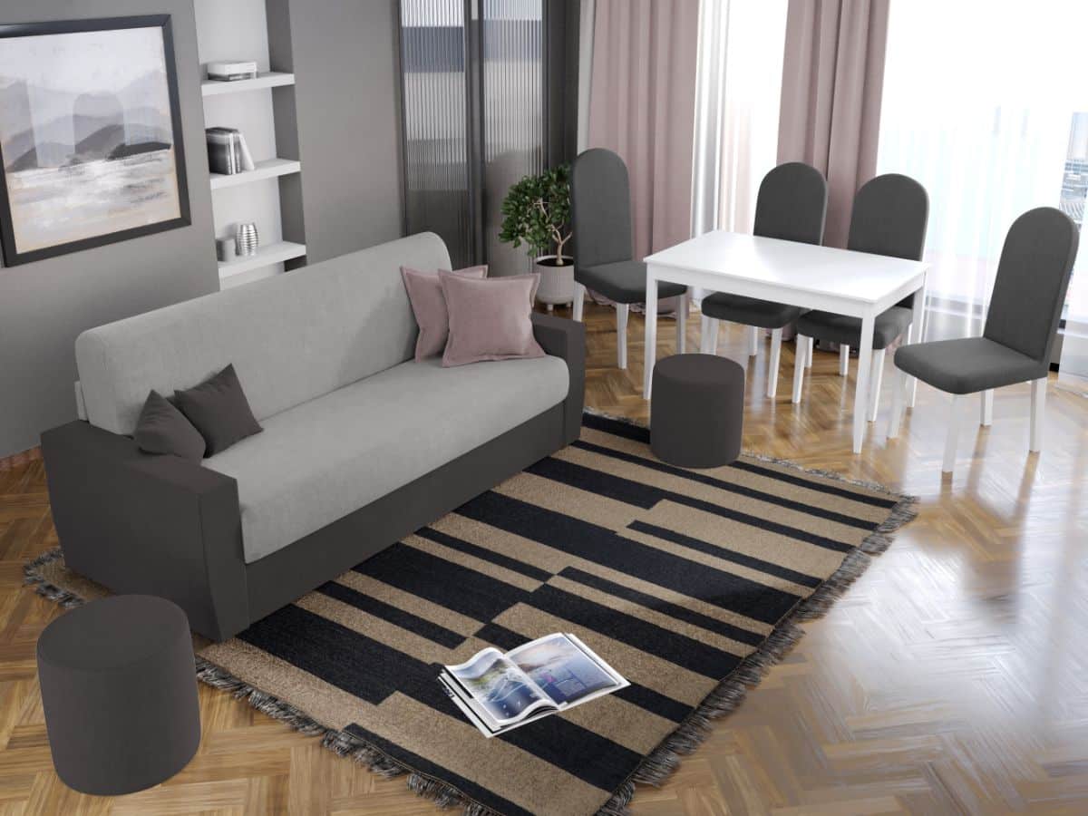 Pachet Mobila Canapea Corsica Gri / Gri Antracit + Masa Grand Alba + 4 Scaune Grand Gri Inchis Pachet Mobila Canapea Corsica Gri / Gri Antracit + Masa Grand Alba + 4 Scaune Grand Gri Inchis