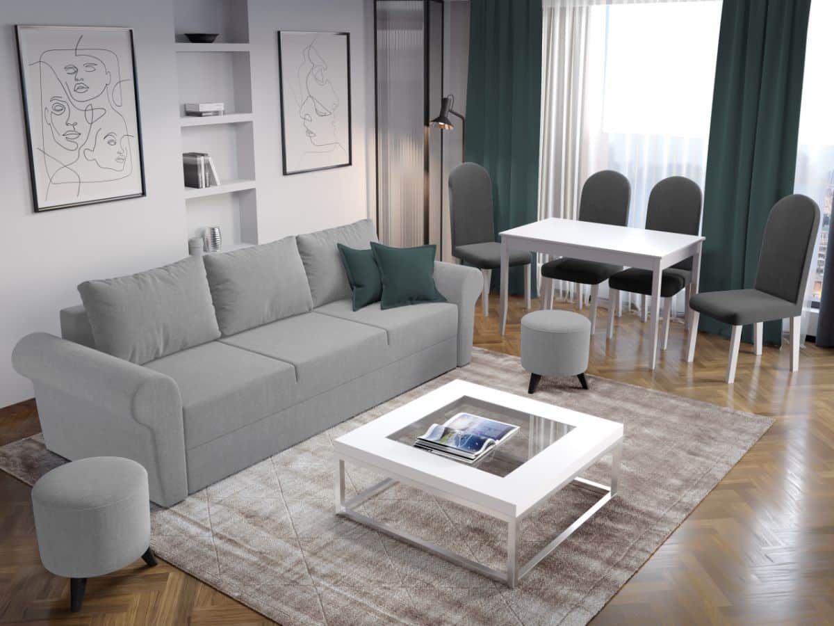 Pachet Mobila Canapea Maroc Gri Deschis + Masa Grand Alba + 4 Scaune Grand Gri Inchis Pachet Mobila Canapea Maroc Gri Deschis + Masa Grand Alba + 4 Scaune Grand Gri Inchis