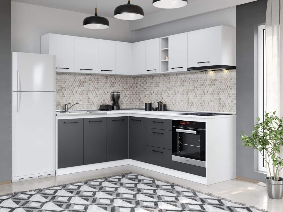 Set Mobila Bucatarie Colt Mina Dual 180*220 Gri Antracit/Alb C112 Set Mobila Bucatarie Colt Mina Dual 180*220 Gri Antracit/Alb C112