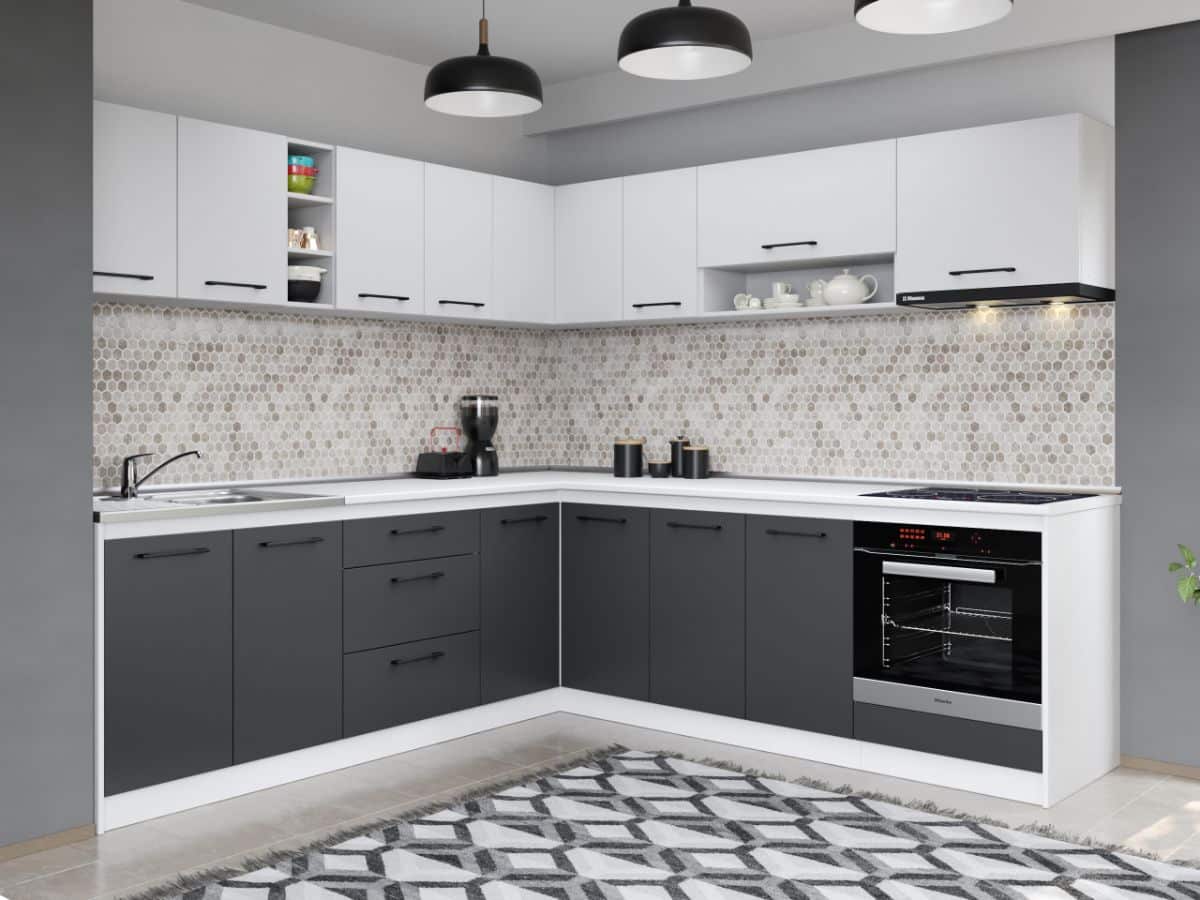 Set Mobila Bucatarie Colt Mina Dual 240*240 Gri Antracit/Alb C113 Set Mobila Bucatarie Colt Mina Dual 240*240 Gri Antracit/Alb C113