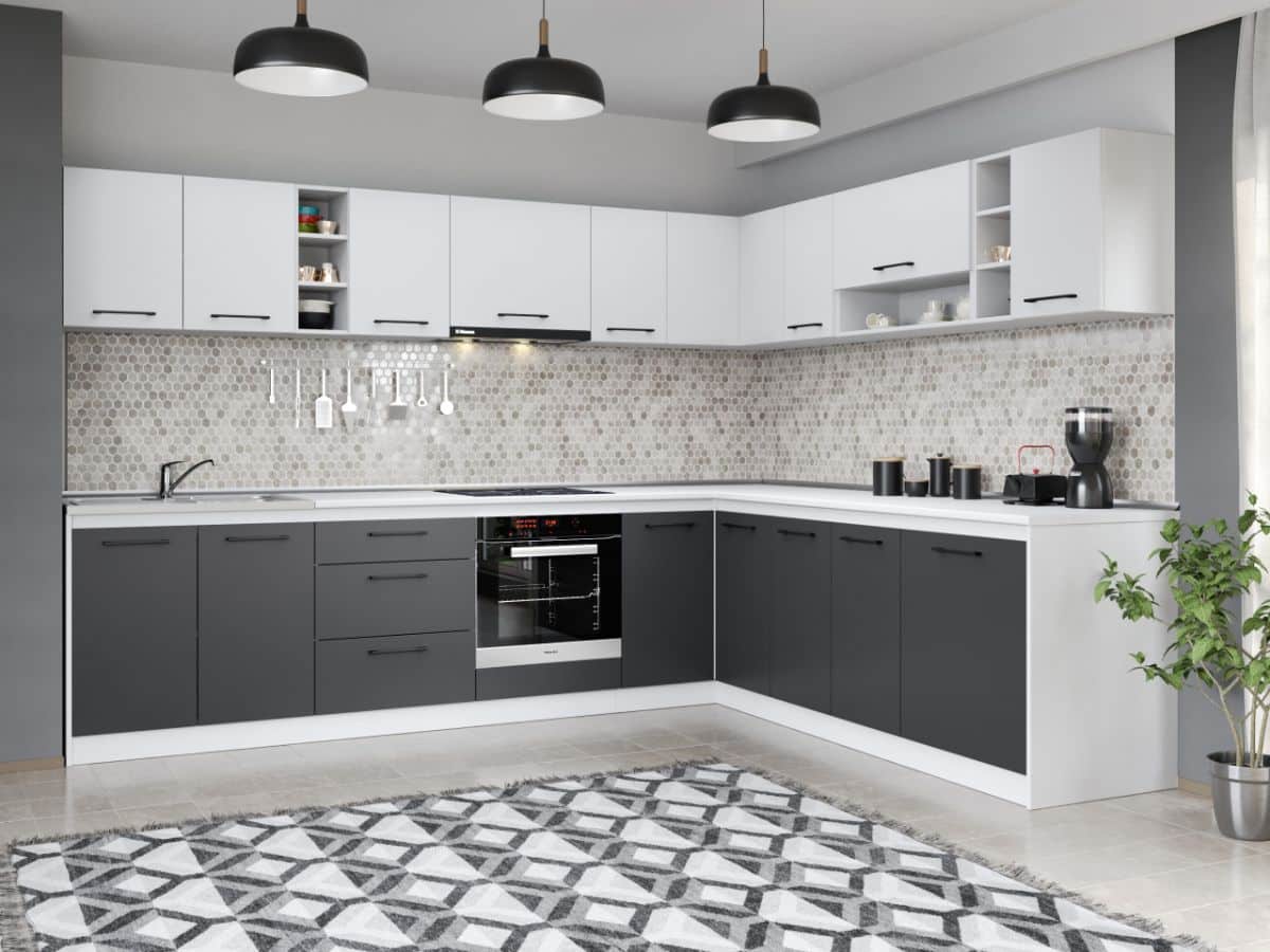 Set Mobila Bucatarie Colt Mina Dual 300*240 Gri Antracit/Alb C114 Set Mobila Bucatarie Colt Mina Dual 300*240 Gri Antracit/Alb C114