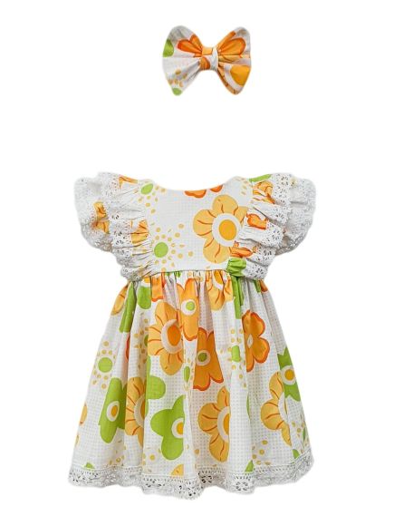 Rochie botez cu maneci scurte, model Flori, culoare alb-galben, en-gros Rochie botez cu maneci scurte, model Flori, culoare alb-galben, en-gros