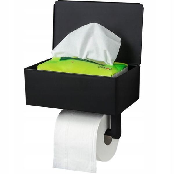 Suport metalic pentru hartie igienica cu cutie depozitare servetele, culoare Neagra Suport metalic pentru hartie igienica cu cutie depozitare servetele, culoare Neagra