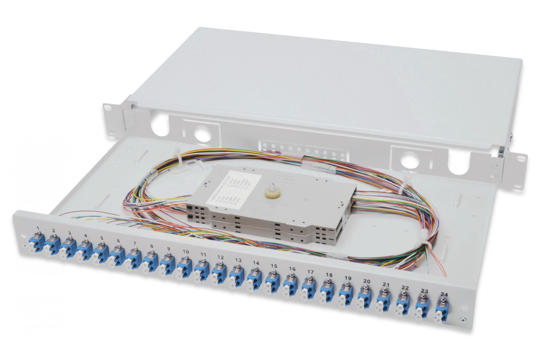 DIGITUS FO splice box, 1U, equipped, 24x LC DX, OS2 incl. splice cassette, colored pigtails, couplers (DN-96332/9) DIGITUS FO splice box, 1U, equipped, 24x LC DX, OS2 incl. splice cassette, colored pigtails, couplers (DN-96332/9)
