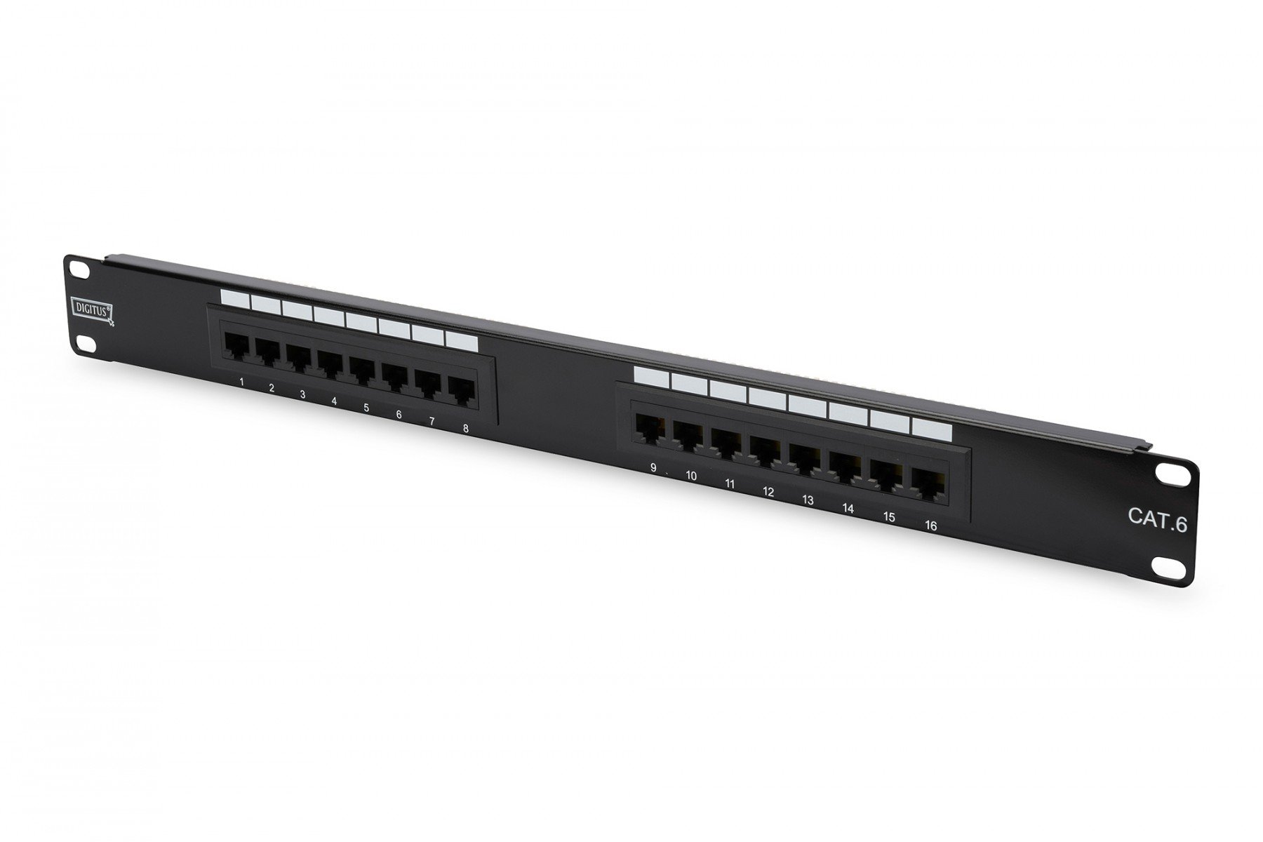 DIGITUS CAT 6, Class E patch panel, unshielded, 16-port RJ45, 8P8C, LSA, 1U, rack mount, black, 482x44x109 (DN-91616U) DIGITUS CAT 6, Class E patch panel, unshielded, 16-port RJ45, 8P8C, LSA, 1U, rack mount, black, 482x44x109 (DN-91616U)