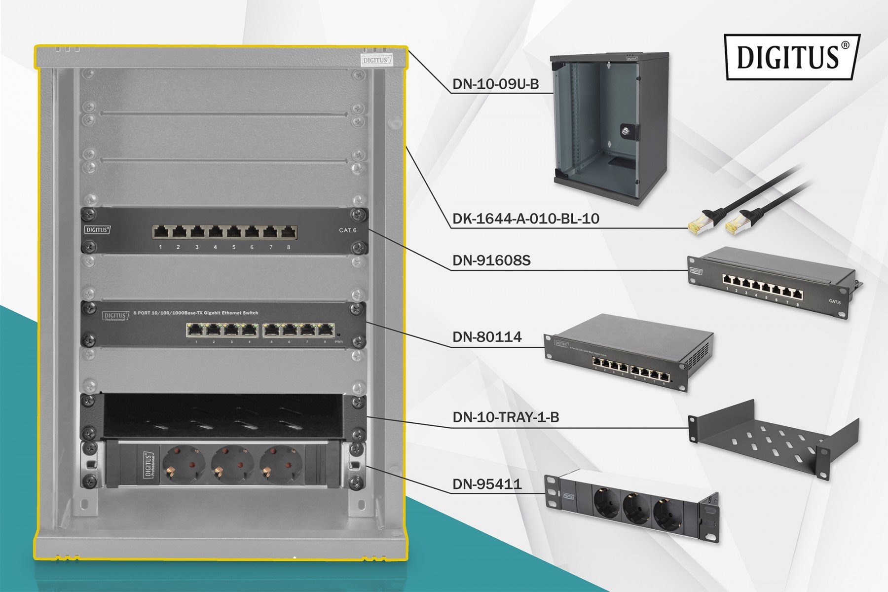 DIGITUS 10 inch network bundle, including 9U cabinet, black shelf, PDU, 8-port switch, CAT 6 patch panel (DN-10-SET-2-B) DIGITUS 10 inch network bundle, including 9U cabinet, black shelf, PDU, 8-port switch, CAT 6 patch panel (DN-10-SET-2-B)