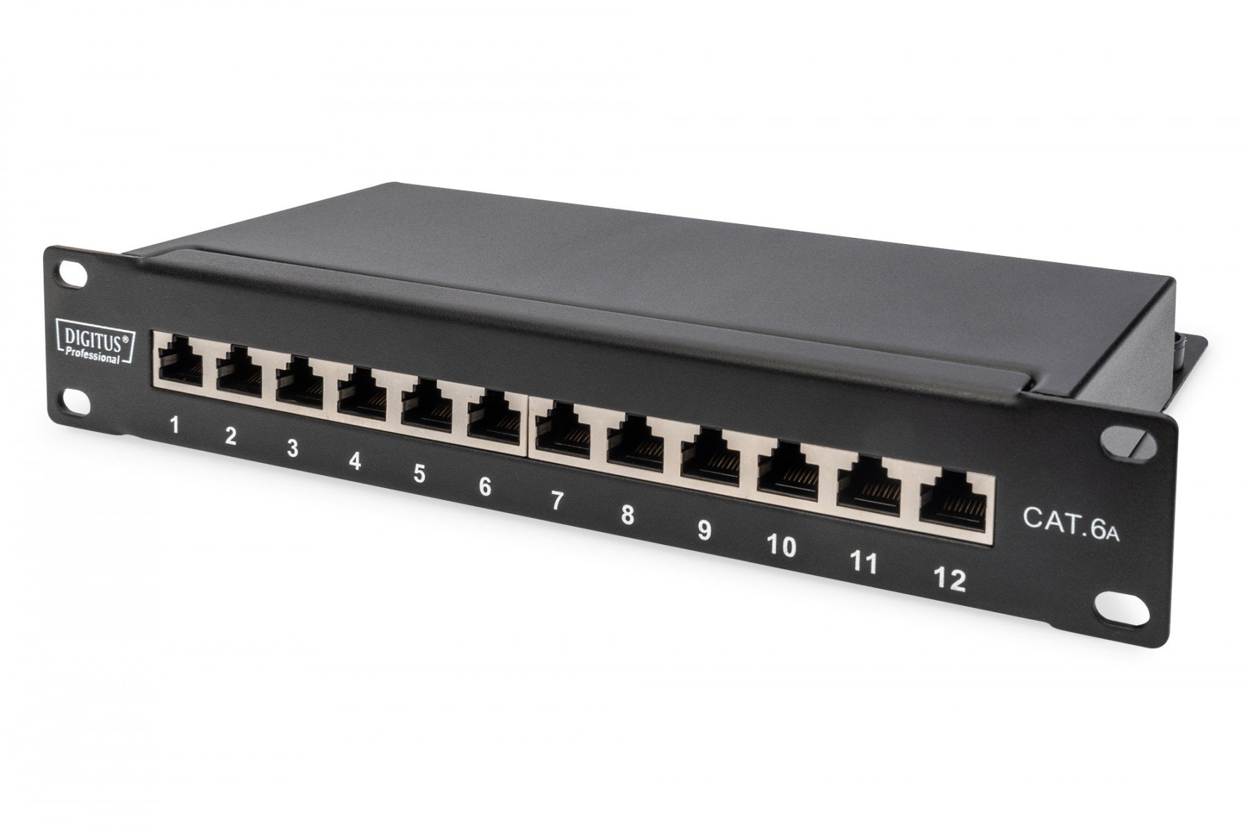 DIGITUS CAT 6A Patch Panel, shielded,12-Port label field, 1U, 10' rack mount, black RAL 9005 (DN-91612S-EA) DIGITUS CAT 6A Patch Panel, shielded,12-Port label field, 1U, 10' rack mount, black RAL 9005 (DN-91612S-EA)