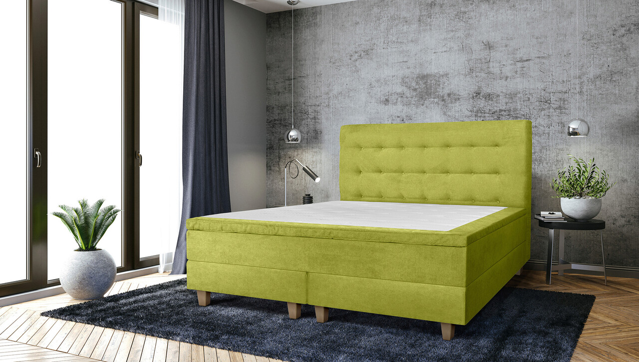 Pat matrimonial, Stockholm, Buttons E, 140x200 cm, saltea tip Pocket, topper memory, Verde Pat matrimonial, Stockholm, Buttons E, 140x200 cm, saltea tip Pocket, topper memory, Verde