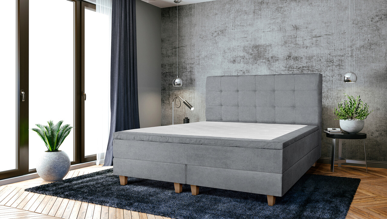 Pat matrimonial, Stockholm, Dots E, 140x200 cm, saltea tip Pocket, topper memory, Gri Pat matrimonial, Stockholm, Dots E, 140x200 cm, saltea tip Pocket, topper memory, Gri