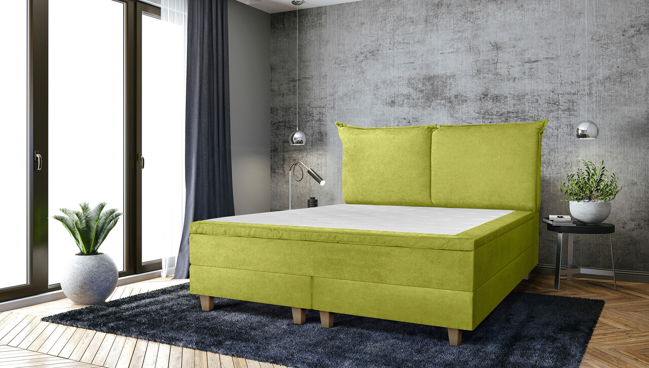 Pat matrimonial, Stockholm, Pillows E, 140x200 cm, saltea tip Pocket, topper memory, Verde