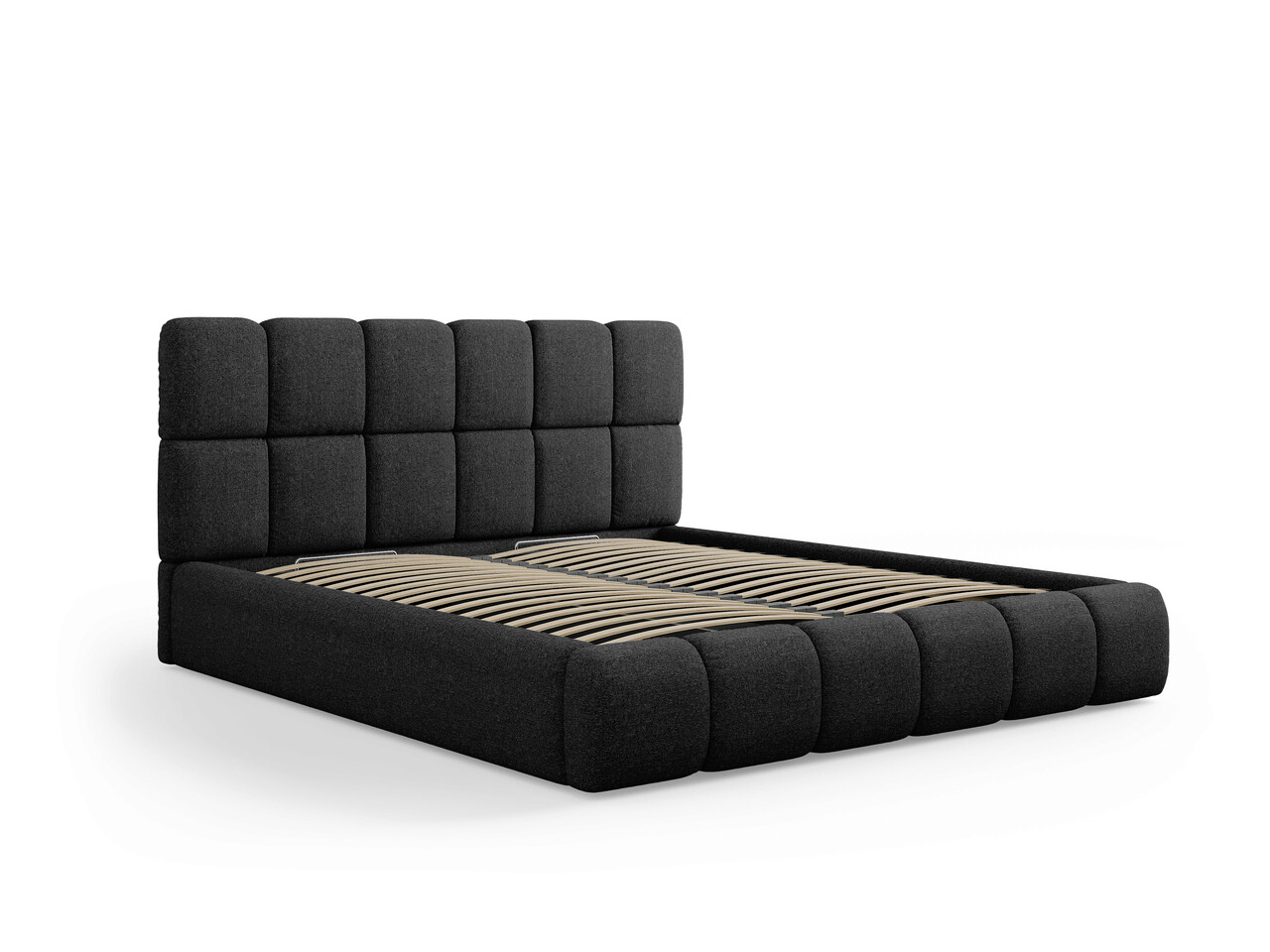 Pat tapitat cu tablie si lada depozitare, Bellis, Micadoni Home, BL, 140x200 cm, poliester chenille, negru Pat tapitat cu tablie si lada depozitare, Bellis, Micadoni Home, BL, 140x200 cm, poliester chenille, negru