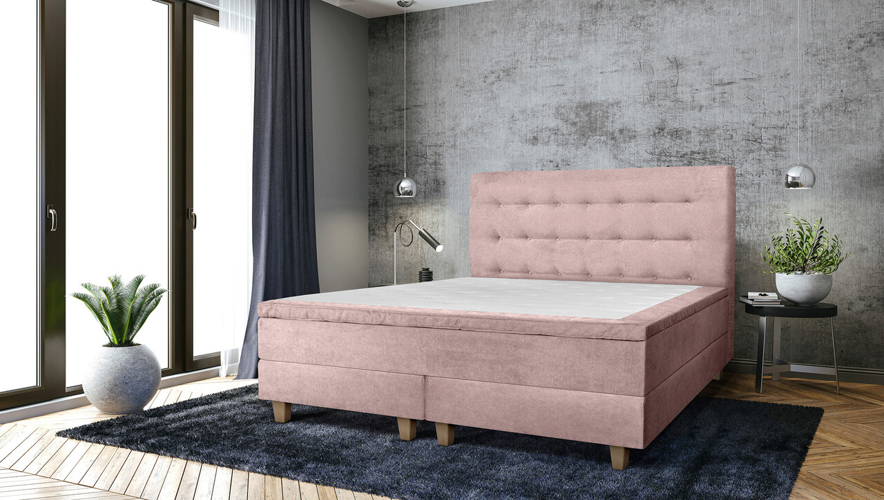 Pat matrimonial, Stockholm, Buttons E, 160x200 cm, saltea tip Pocket, topper memory, Roz pudra Pat matrimonial, Stockholm, Buttons E, 160x200 cm, saltea tip Pocket, topper memory, Roz pudra