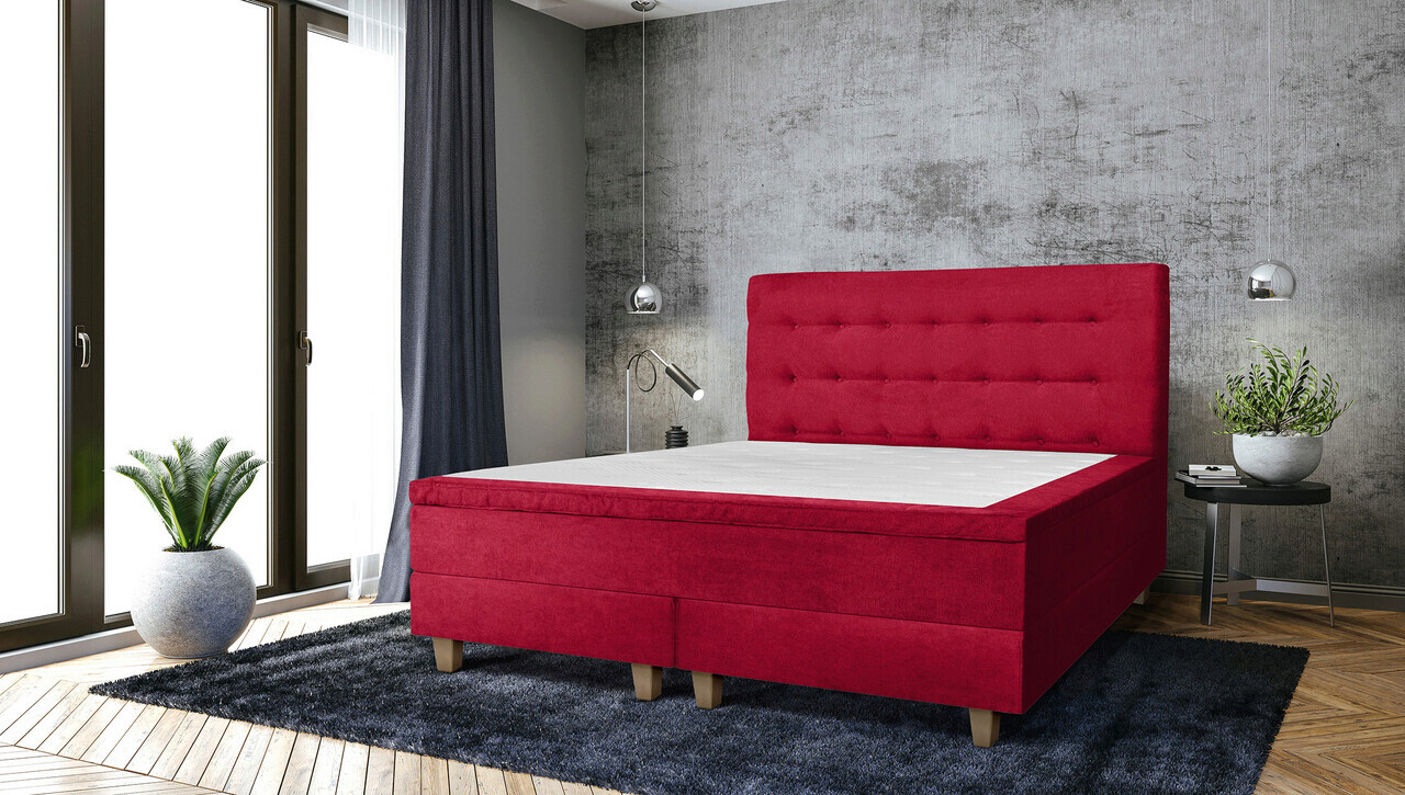 Pat matrimonial, Stockholm, Buttons E, 160x200 cm, saltea tip Pocket, topper memory, Rosu Pat matrimonial, Stockholm, Buttons E, 160x200 cm, saltea tip Pocket, topper memory, Rosu