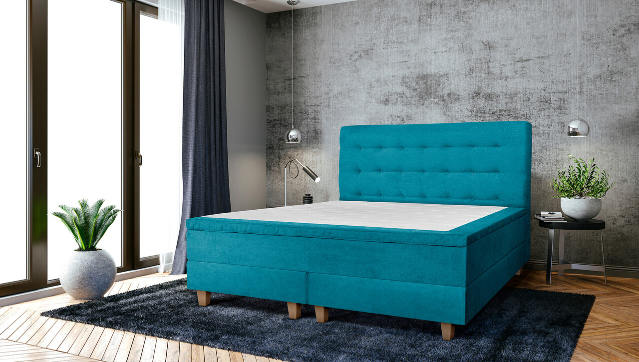 Pat matrimonial, Stockholm, Buttons E, 160x200 cm, saltea tip Pocket, topper memory, Turcoaz Pat matrimonial, Stockholm, Buttons E, 160x200 cm, saltea tip Pocket, topper memory, Turcoaz