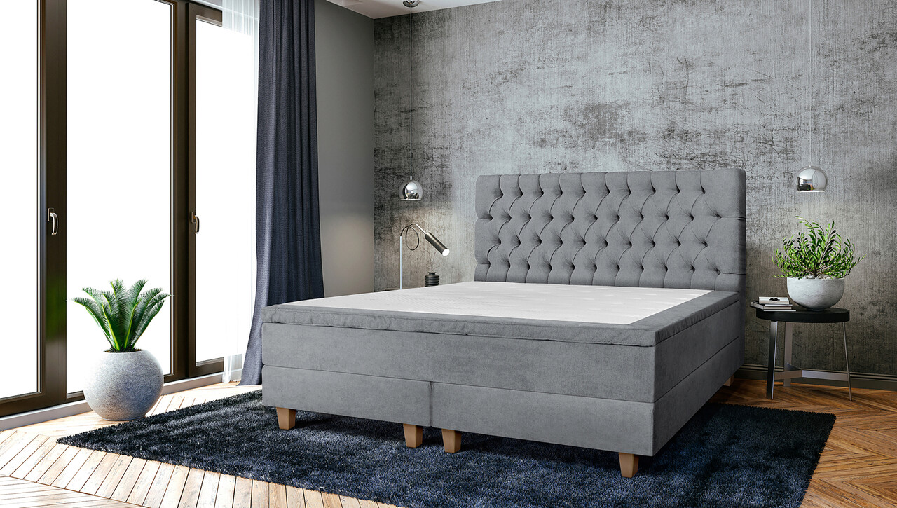 Pat matrimonial, Stockholm, Chester E, 160x200 cm, saltea tip Pocket, topper memory, Gri Pat matrimonial, Stockholm, Chester E, 160x200 cm, saltea tip Pocket, topper memory, Gri