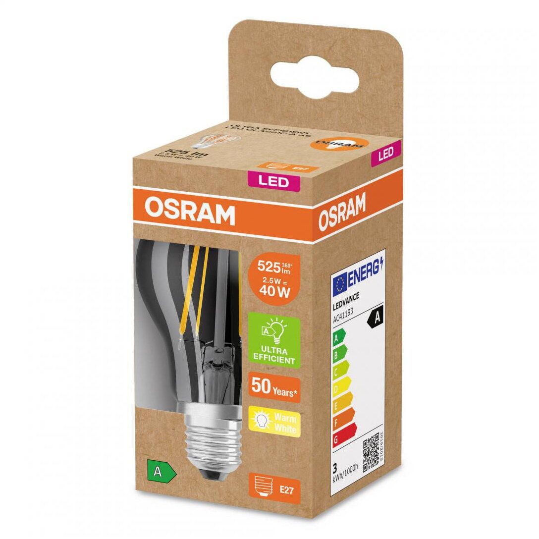 Bec LED Classic A60, Ultra Efficient Light, E27, 2.5W (40W), 525 lm, lumina calda (3000K), cu filament Bec LED Classic A60, Ultra Efficient Light, E27, 2.5W (40W), 525 lm, lumina calda (3000K), cu filament