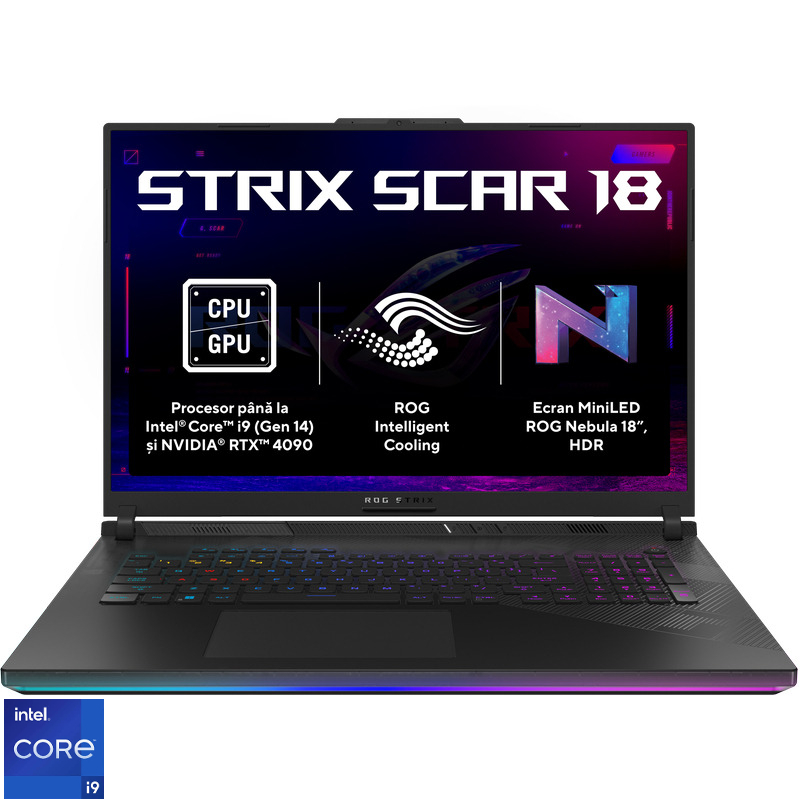 Laptop ASUS Gaming 18'' ROG Strix SCAR 18 G834JYR, 2.5K Mini LED 240Hz G-Sync, Procesor Intel® Core™ i9 14900HX (36M Cache, up to 5.80 GHz), 32GB DDR5, 2TB SSD, GeForce RTX 4090 16GB, Win 11 Pro, Off Black Laptop ASUS Gaming 18'' ROG Strix SCAR 18 G834JYR, 2.5K Mini LED 240Hz G-Sync, Procesor Intel® Core™ i9 14900HX (36M Cache, up to 5.80 GHz), 32GB DDR5, 2TB SSD, GeForce RTX 4090 16GB, Win 11 Pro, Off Black
