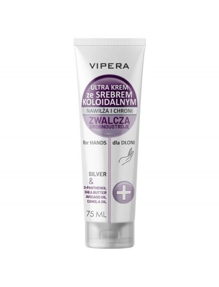 Crema pt maini cu argint coloidal, d-panthenol, unt de karite si ulei de avocado, Vipera, 75ml Engros Crema pt maini cu argint coloidal, d-panthenol, unt de karite si ulei de avocado, Vipera, 75ml Engros