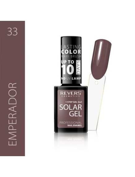 Lac de unghii Solar Gel, Revers, 12 ml, maro, nr 33, emperador Engros Lac de unghii Solar Gel, Revers, 12 ml, maro, nr 33, emperador Engros