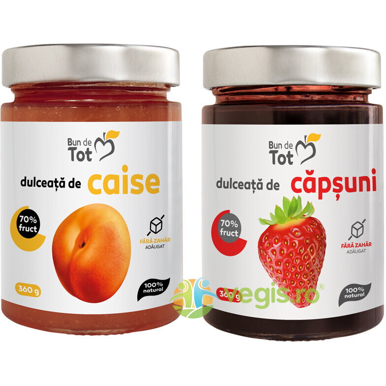 Pachet Dulceata de Capsuni fara Zahar 360g + Dulceata de Caise fara Zahar 360g Pachet Dulceata de Capsuni fara Zahar 360g + Dulceata de Caise fara Zahar 360g