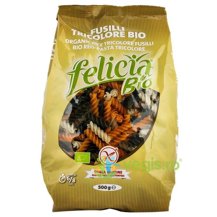 Fusilli Tricolore din Faina de Orez fara Gluten Felicia Ecologice/Bio 500g Fusilli Tricolore din Faina de Orez fara Gluten Felicia Ecologice/Bio 500g