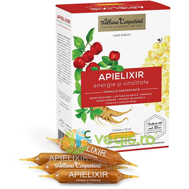 Apielixir Energie si Vitalitate cu Laptisor de Matca, Propolis, Miere, Ginseng Corean si Extract de Acerola 10 fiole x 10ml Apielixir Energie si Vitalitate cu Laptisor de Matca, Propolis, Miere, Ginseng Corean si Extract de Acerola 10 fiole x 10ml