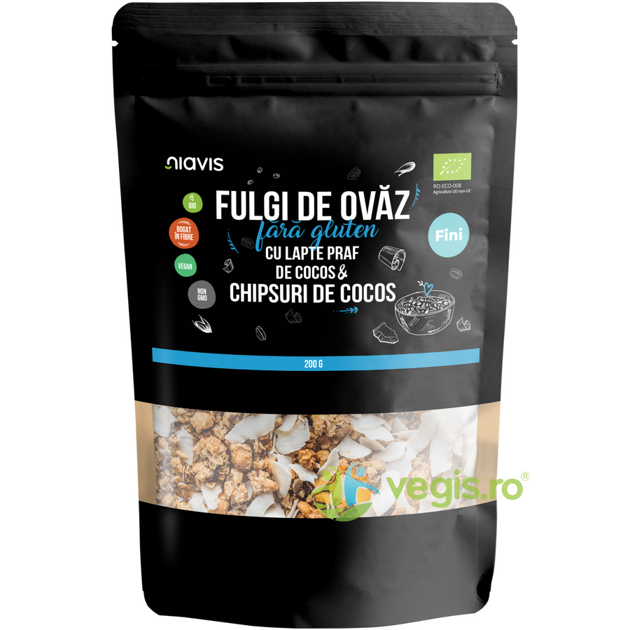 Fulgi de Ovaz Fini fara Gluten cu Lapte Praf de Cocos si Chipsuri de Cocos Ecologici/Bio 200g Fulgi de Ovaz Fini fara Gluten cu Lapte Praf de Cocos si Chipsuri de Cocos Ecologici/Bio 200g
