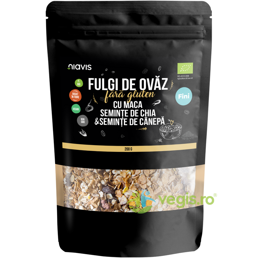 Fulgi de Ovaz Fini fara Gluten cu Maca, Chia si Seminte de Canepa Ecologici/Bio 200g Fulgi de Ovaz Fini fara Gluten cu Maca, Chia si Seminte de Canepa Ecologici/Bio 200g