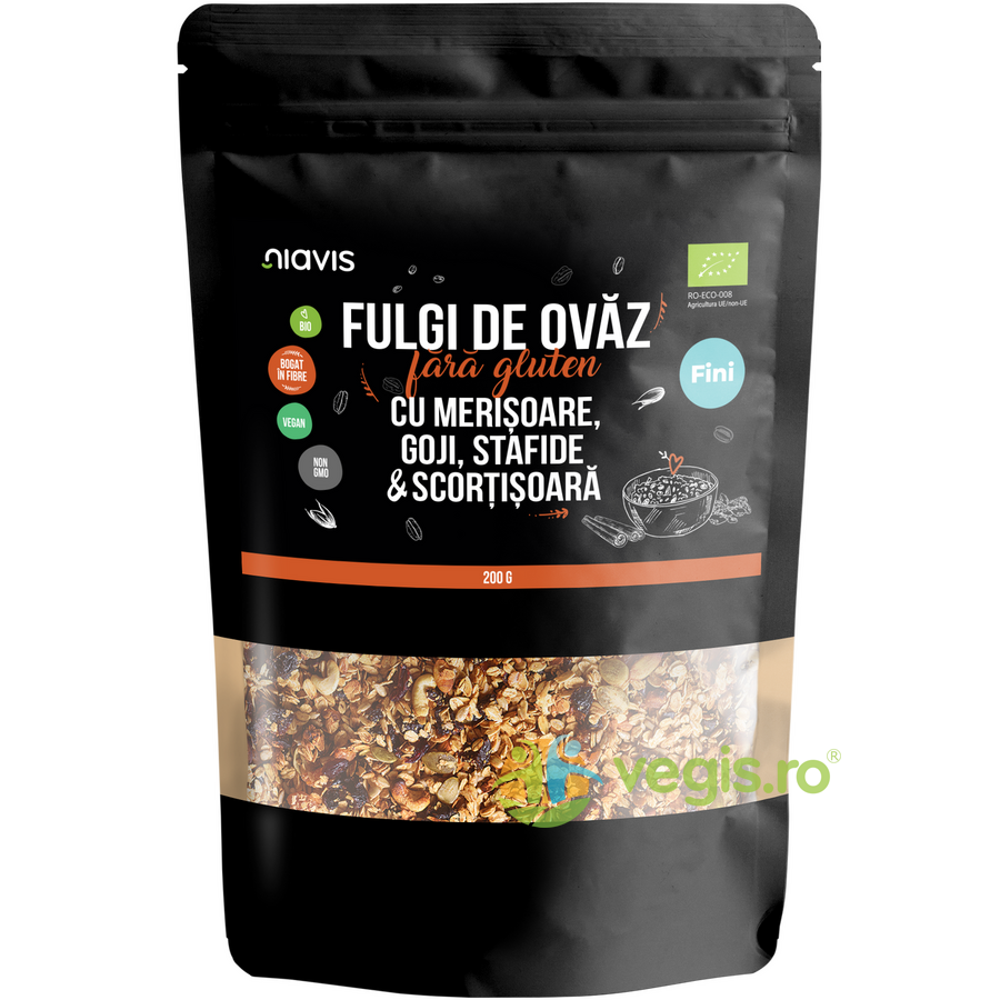 Fulgi de Ovaz Fini fara Gluten cu Merisoare, Goji, Stafide si Scortisoara Ecologici/Bio 200g Fulgi de Ovaz Fini fara Gluten cu Merisoare, Goji, Stafide si Scortisoara Ecologici/Bio 200g