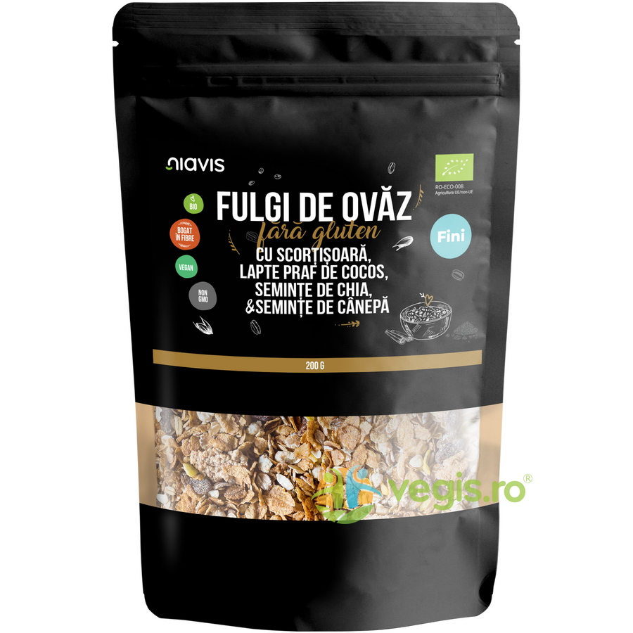 Fulgi de Ovaz Fini fara Gluten cu Scortisoara, Lapte Praf de Cocos, Seminte de Chia si Seminte de Canepa Ecologici/Bio 200g Fulgi de Ovaz Fini fara Gluten cu Scortisoara, Lapte Praf de Cocos, Seminte de Chia si Seminte de Canepa Ecologici/Bio 200g