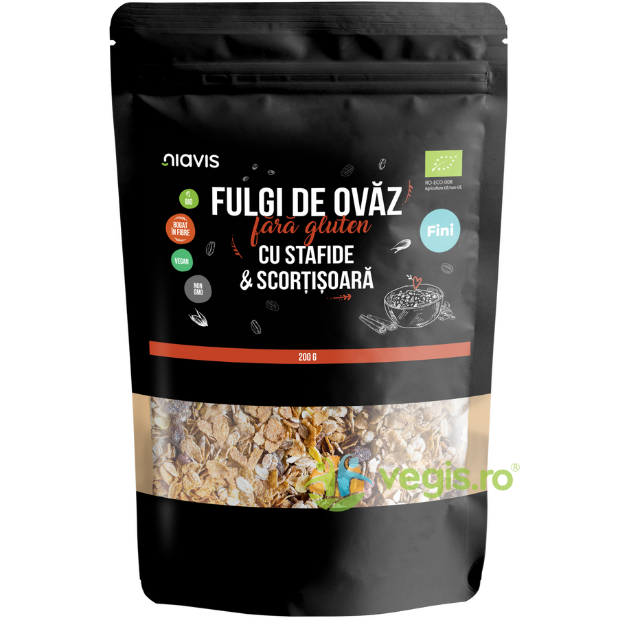 Fulgi de Ovaz Fini fara Gluten cu Stafide si Scortisoara Ecologici/Bio 200g Fulgi de Ovaz Fini fara Gluten cu Stafide si Scortisoara Ecologici/Bio 200g