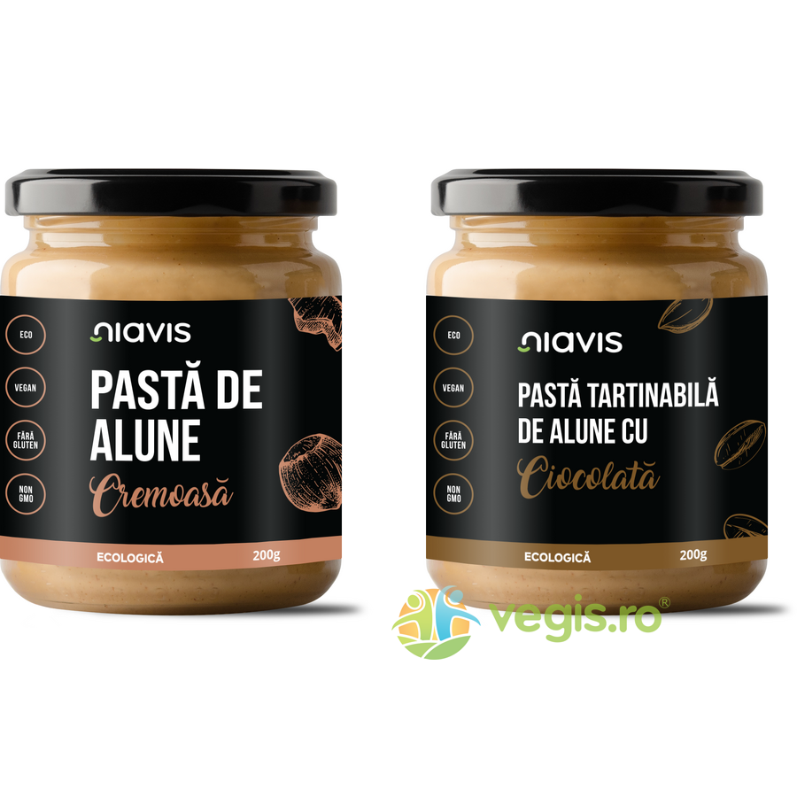 Pachet Pasta de Alune Cremoasa Ecologica/Bio 200g + Pasta Tartinabila de Alune cu Ciocolata Eologica/Bio 200g Pachet Pasta de Alune Cremoasa Ecologica/Bio 200g + Pasta Tartinabila de Alune cu Ciocolata Eologica/Bio 200g