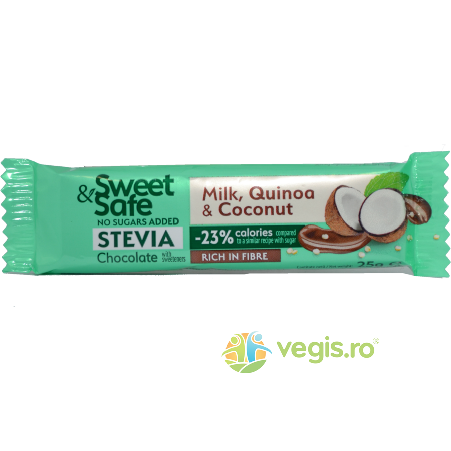 Sweet&Safe Ciocolata cu Lapte, Cocos si Quinoa Indulcitor Stevie 25g Sweet&Safe Ciocolata cu Lapte, Cocos si Quinoa Indulcitor Stevie 25g