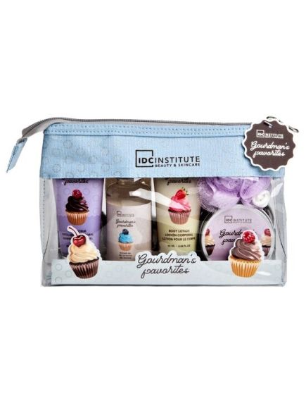 Set gel dus, lotiune corp, exfoliant, sare de baie, un burete plasa Gourmand's Favourites, IDC Institute 42524, 280 ml Engros Set gel dus, lotiune corp, exfoliant, sare de baie, un burete plasa Gourmand's Favourites, IDC Institute 42524, 280 ml Engros
