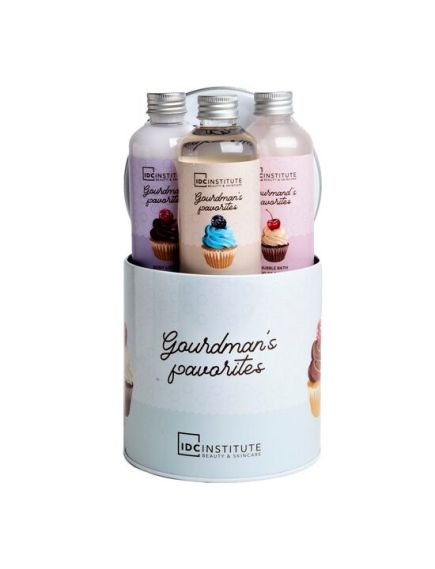 Set gel dus, lotiune corp, spuma baie Gourmand's Favourites Tin Box, IDC Institute 42523, 600 ml Engros Set gel dus, lotiune corp, spuma baie Gourmand's Favourites Tin Box, IDC Institute 42523, 600 ml Engros