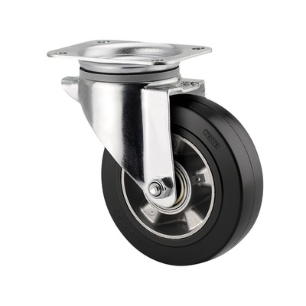 Roata pivotanta, cauciuc plin, fara frana, janta aluminiu, sarcina dinamica 350 Kg, negru/argintiu, diametru 160 mm, 200 mm Roata pivotanta, cauciuc plin, fara frana, janta aluminiu, sarcina dinamica 350 Kg, negru/argintiu, diametru 160 mm, 200 mm