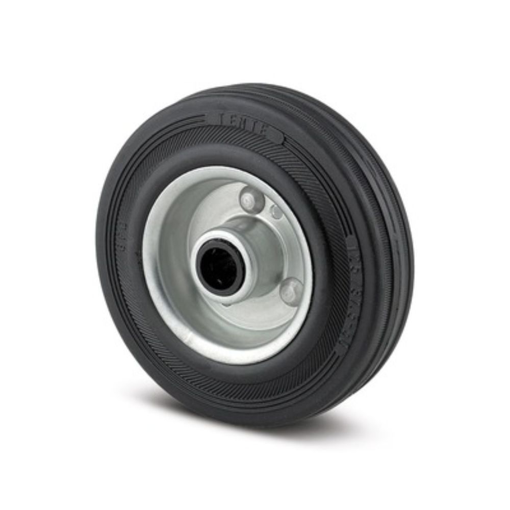 Roata carucior, janta otel, cauciuc plin, negru, fara frana, cu placa, 125 mm diametru, 154 mm inaltime totala Roata carucior, janta otel, cauciuc plin, negru, fara frana, cu placa, 125 mm diametru, 154 mm inaltime totala