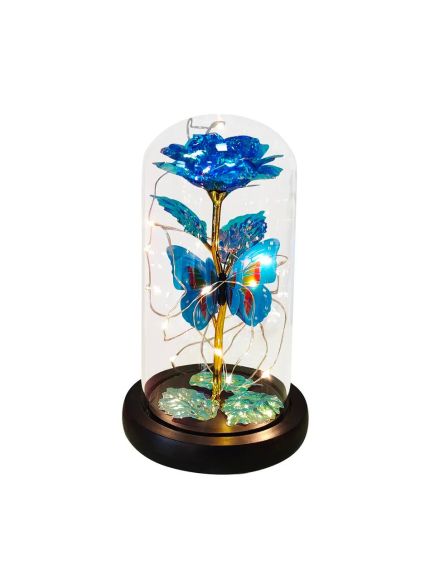 Aranjament floral Engros, Trandafir in cupola cu LED-uri, Albastru 11x22 cm Aranjament floral Engros, Trandafir in cupola cu LED-uri, Albastru 11x22 cm