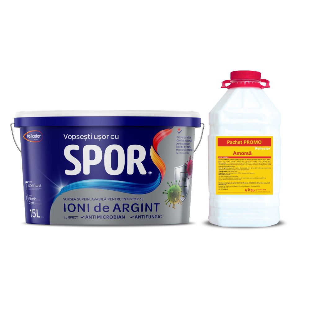 Vopsea superlavabila interior Spor, cu ioni de argint, alb, 15 l + amorsa 5 l Vopsea superlavabila interior Spor, cu ioni de argint, alb, 15 l + amorsa 5 l