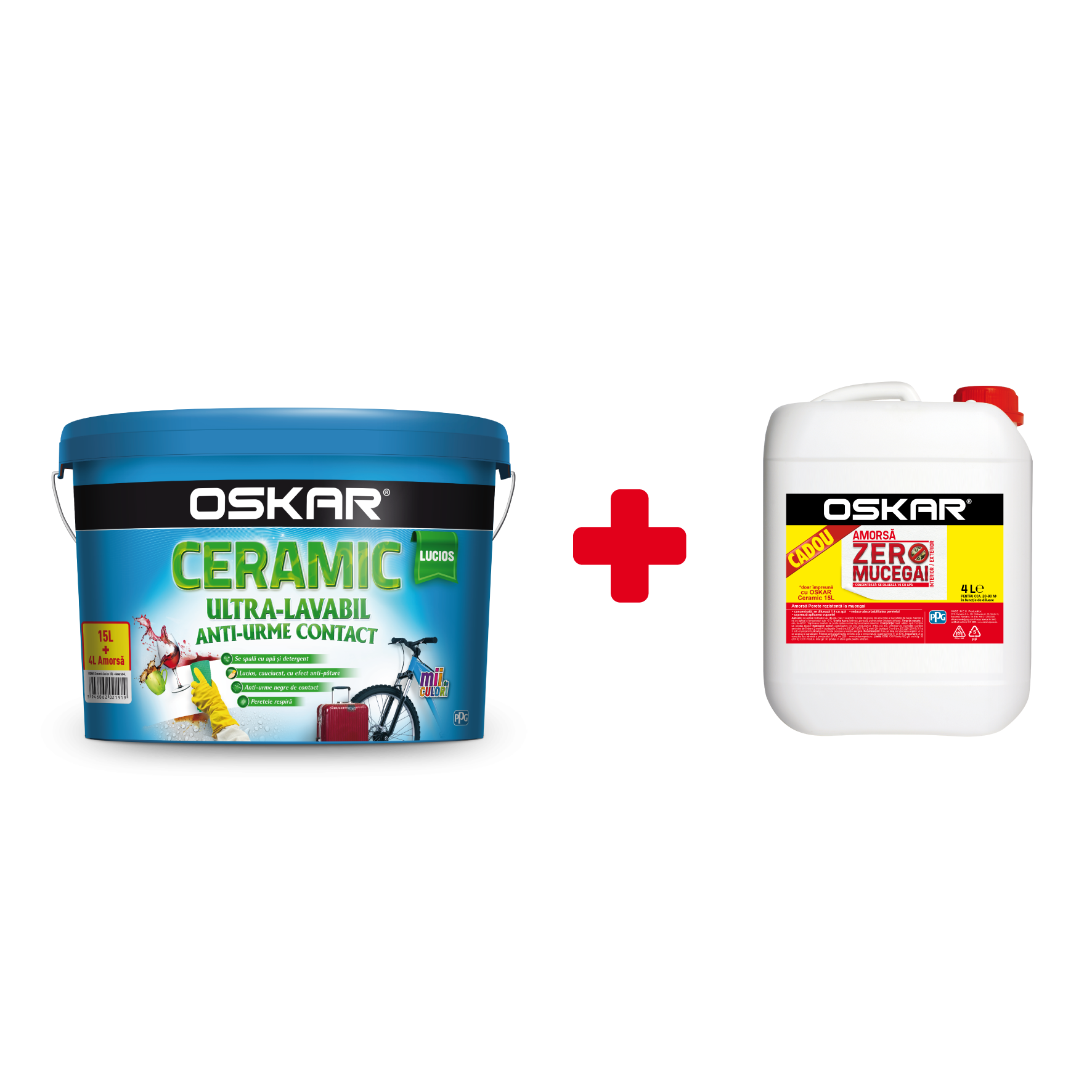 Vopsea ultralavabila interior/exterior Oskar ceramic lucios, alb, 15 l + amorsa Oskar zero mucegai 4 l Vopsea ultralavabila interior/exterior Oskar ceramic lucios, alb, 15 l + amorsa Oskar zero mucegai 4 l