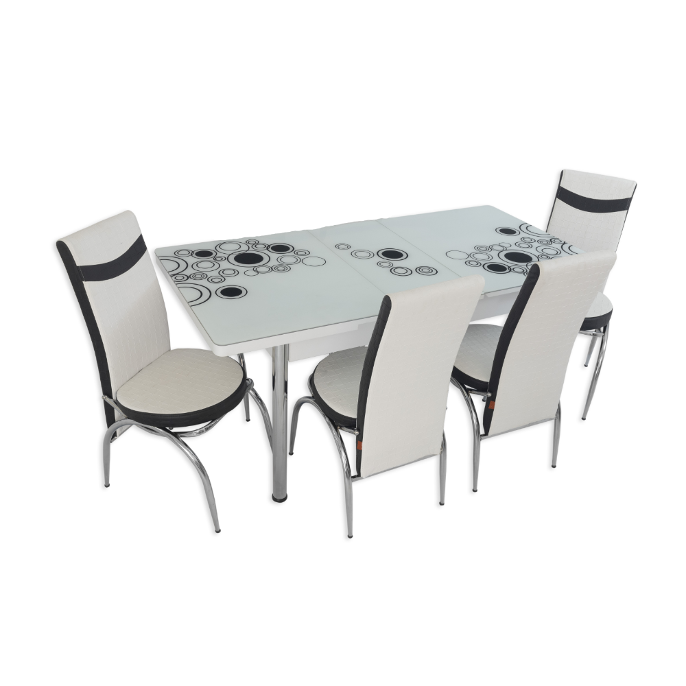 Set masa extensibila cu 4 scaune, PAL, blat sticla securizata, alb + negru, 169 x 80 cm Set masa extensibila cu 4 scaune, PAL, blat sticla securizata, alb + negru, 169 x 80 cm