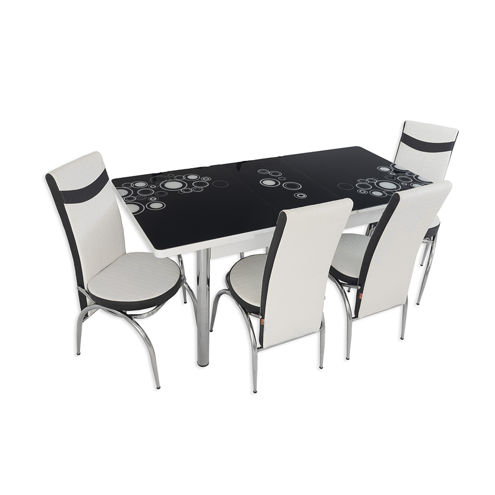 Set masa extensibila cu 4 scaune, PAL, blat sticla securizata, alb + negru, 169 x 80 cm Set masa extensibila cu 4 scaune, PAL, blat sticla securizata, alb + negru, 169 x 80 cm