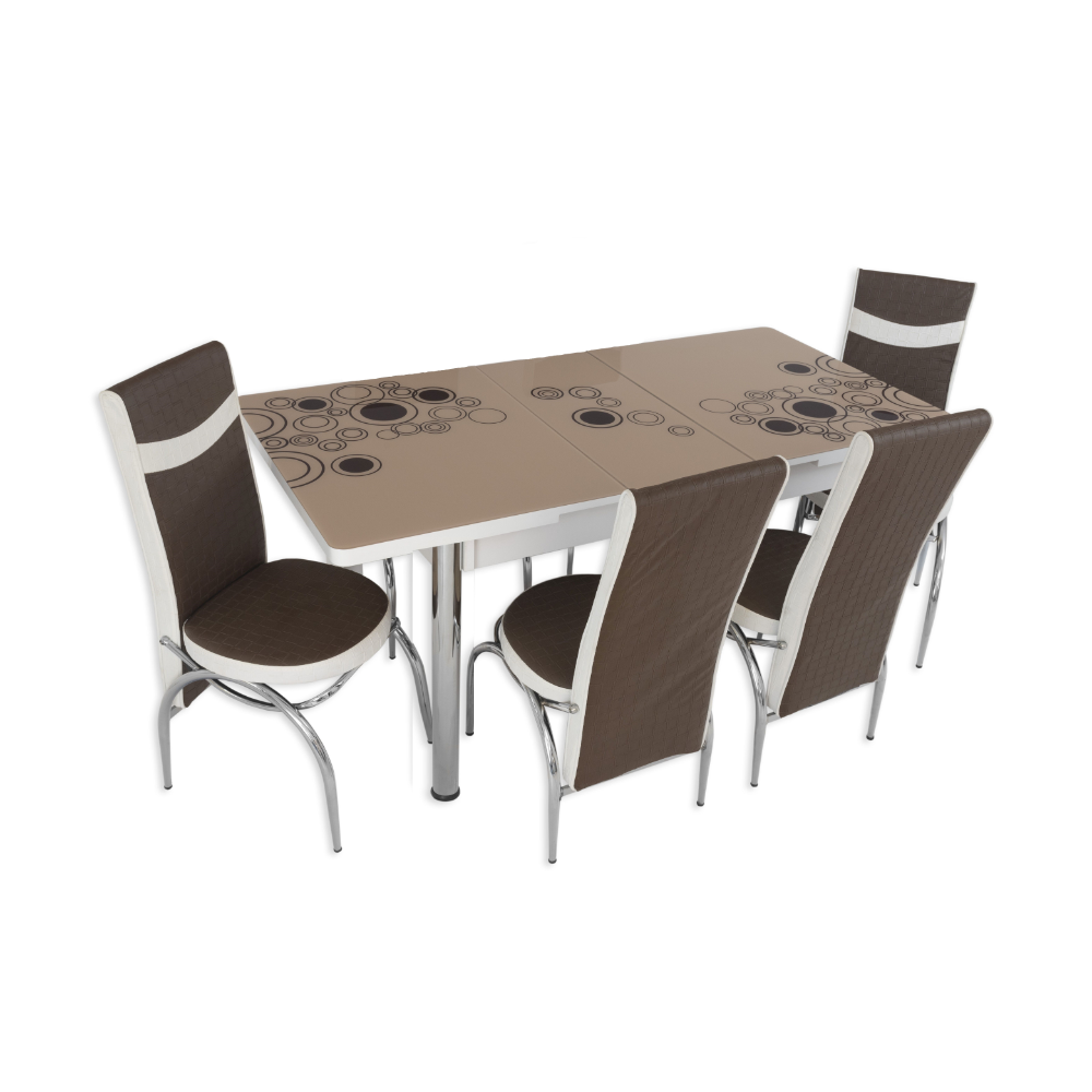 Set masa extensibila cu 4 scaune, PAL, blat sticla securizata, crem + maro, 169 x 80 cm Set masa extensibila cu 4 scaune, PAL, blat sticla securizata, crem + maro, 169 x 80 cm